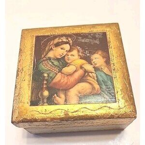 Italian Florentine Vintage Wood Gold Gilded Box Madonna Child by Raphael Read